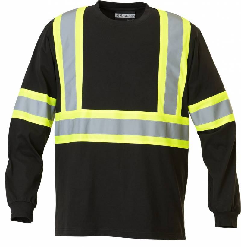 Sumaggo Safety 100 Percent Cotton Long Sleeve T Shirt with 4 Inch Contrasting Stripes in Black