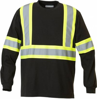 Am image of a Custom Sumaggo Safety 100 Percent Cotton Long Sleeve T Shirt with 4 Inch Contrasting Stripes in Black!