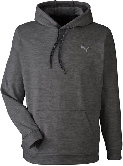 Am image of a Custom Puma Golf Men's Cloudspun Progress Hooded Sweatshirt in PUMA BLACK HTHR!