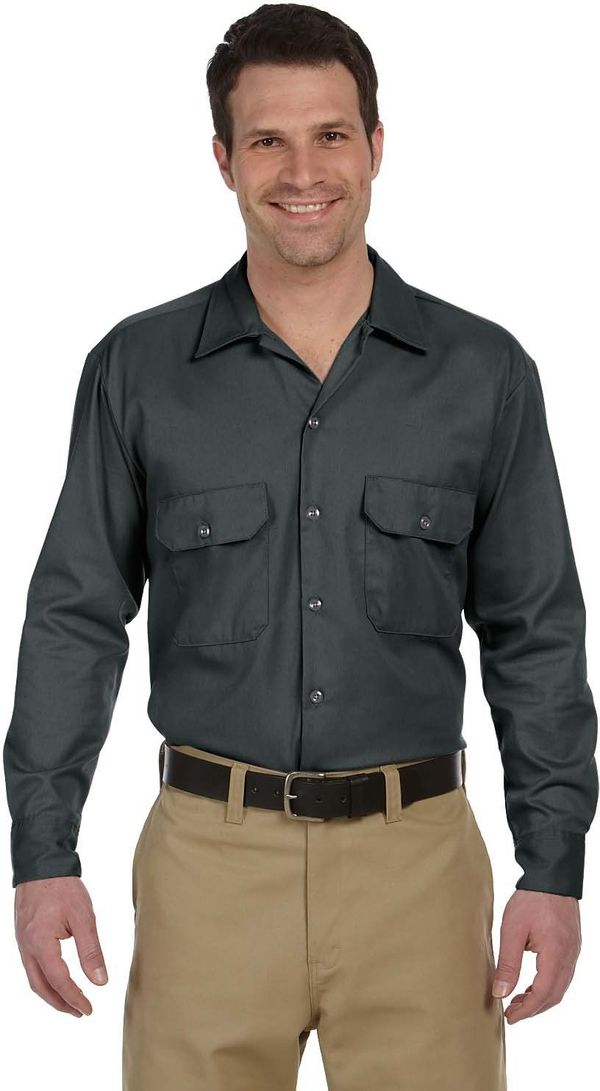 Am image of a Custom Dickies Long Sleeve Work Shirt in Charcoal!