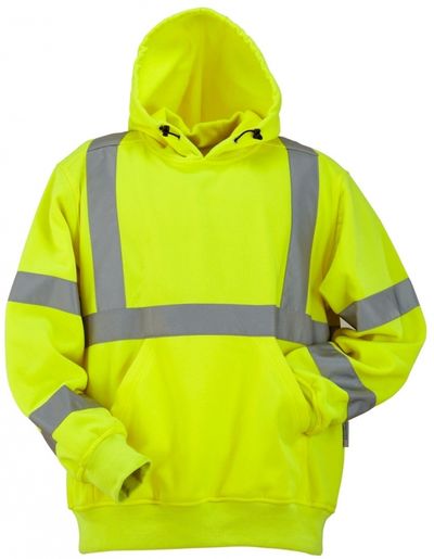 Am image of a Custom Sumaggo High Visibility Polyester Fleece Hooded Pullover in Lime!