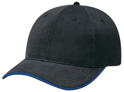 Am image of a Custom AJM Brushed Cotton Drill Sandwich Bill Cap in Black/Royal Blue!