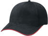 Am image of a Custom AJM Brushed Cotton Drill Sandwich Bill Cap in Black/Scarlet Red!