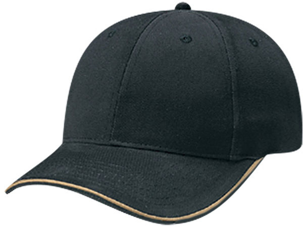 Am image of a Custom AJM Brushed Cotton Drill Sandwich Bill Cap in Black/Tan!