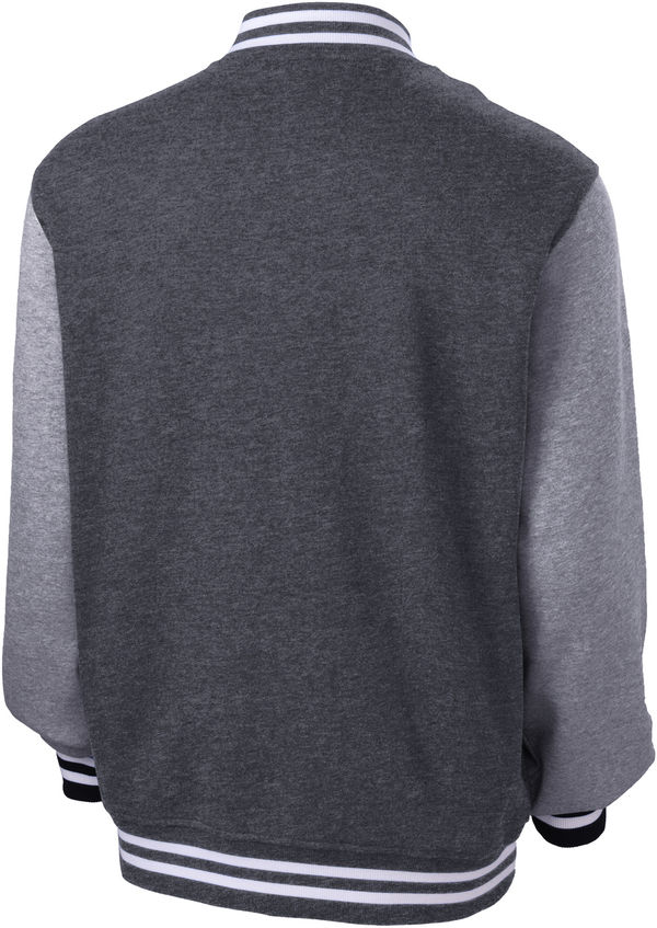Am image of a Custom SportTek Fleece Letterman Jacket in Graphite Heather/ Vintage Heather!