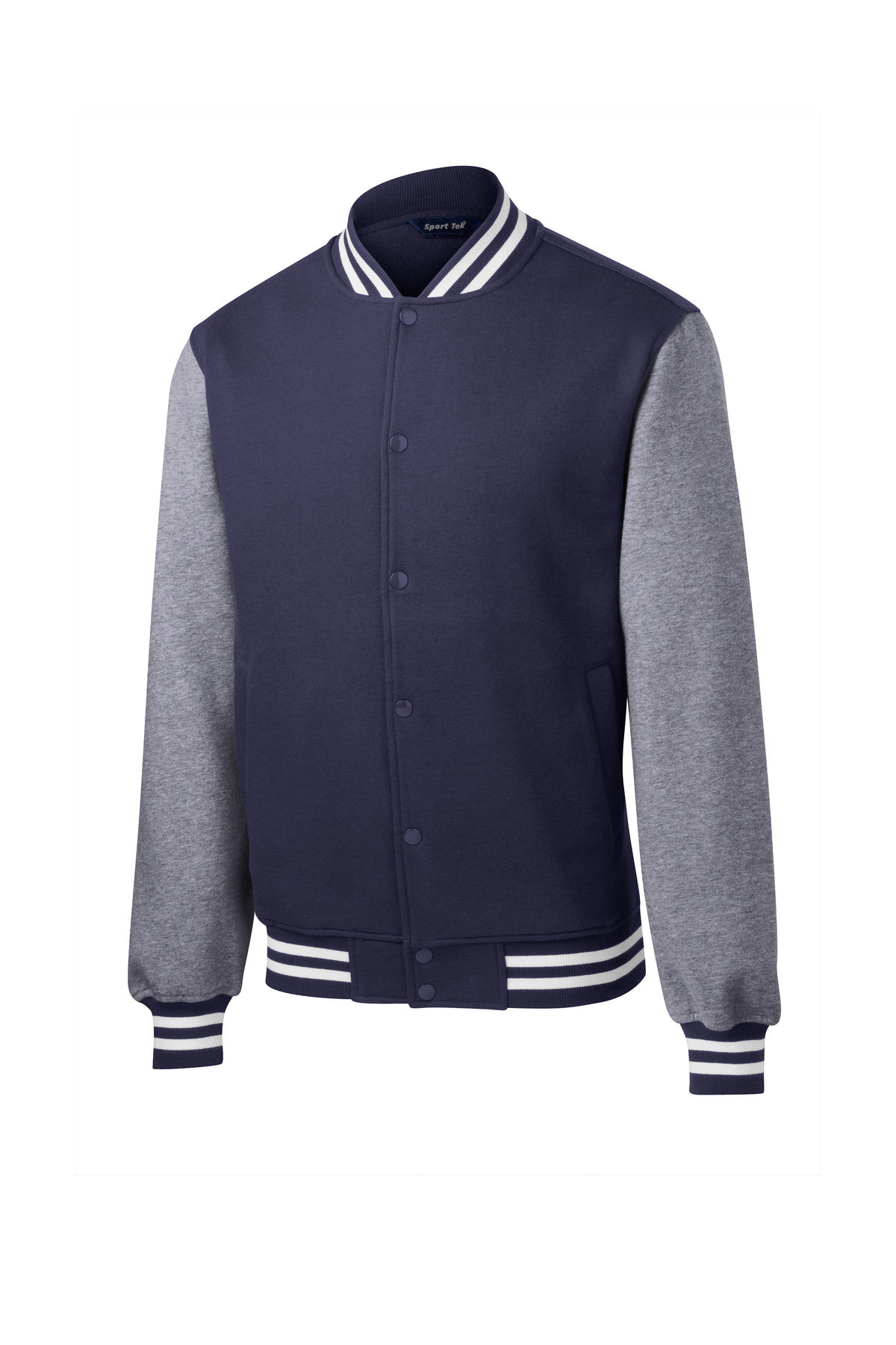 SportTek Fleece Letterman Jacket in True Navy/ Vintage Heather