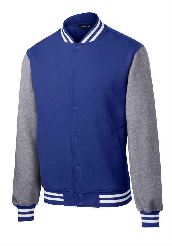 Am image of a Custom SportTek Fleece Letterman Jacket in True Royal/ Vintage Heather!