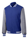 Am image of a Custom SportTek Fleece Letterman Jacket in True Royal/ Vintage Heather!