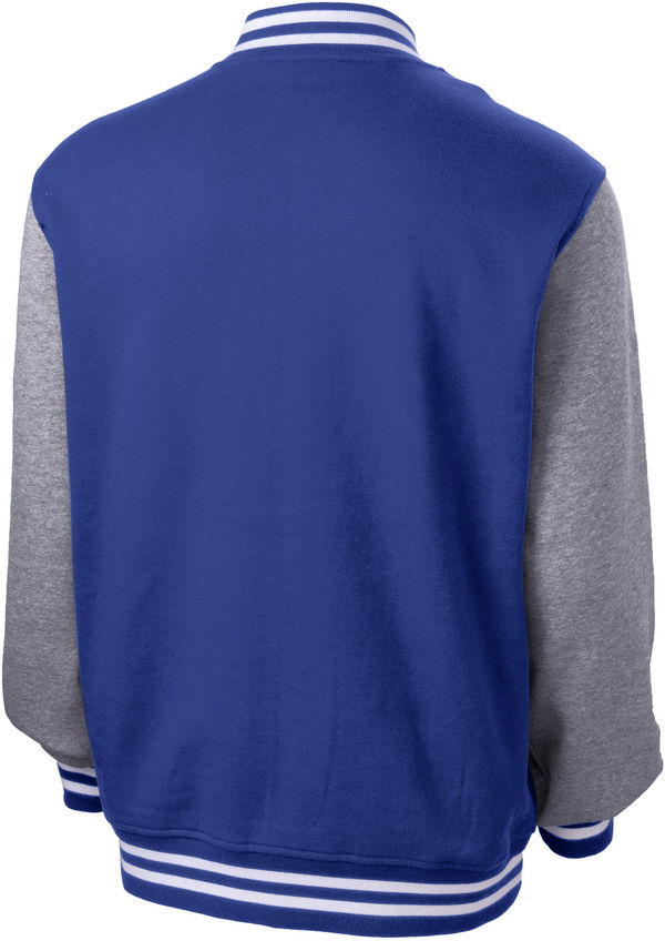 Am image of a Custom SportTek Fleece Letterman Jacket in True Royal/ Vintage Heather!