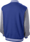 Am image of a Custom SportTek Fleece Letterman Jacket in True Royal/ Vintage Heather!