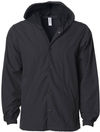 An image of a Custom Independent Trading Co Hooded Water Resistant Windbreaker Jacket in Black/Black!