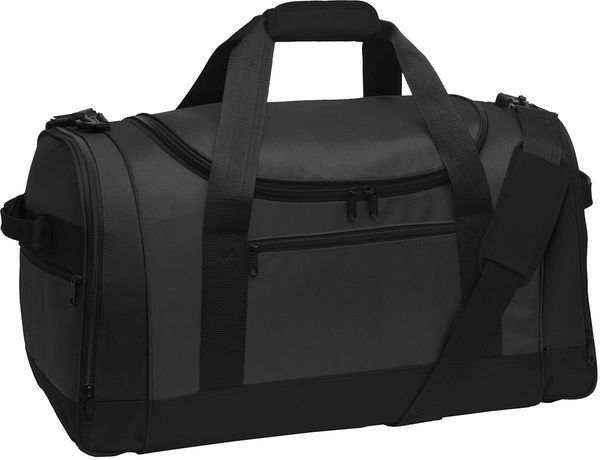 Am image of a Custom Port Authority Voyager Sports Duffel Bag in Dark Grey/Black!