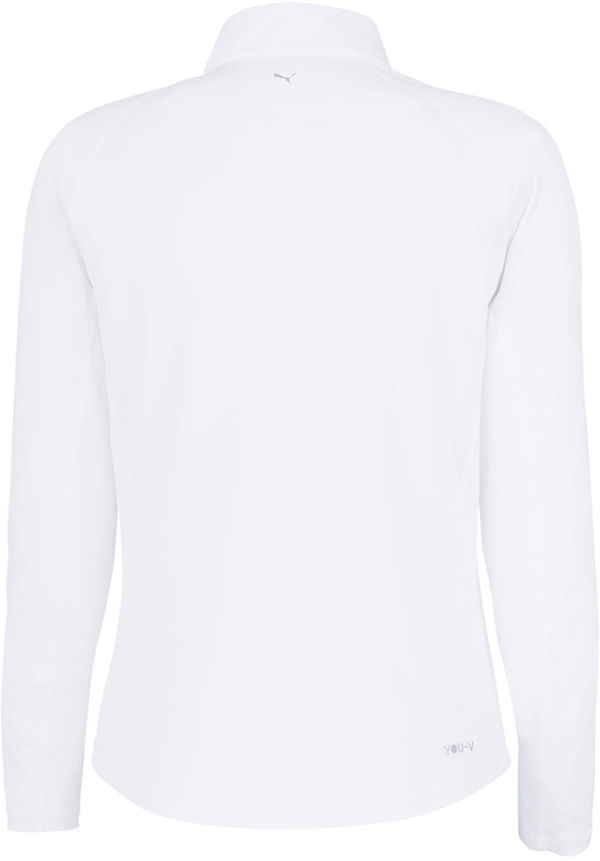 Am image of a Custom Puma Gold Ladies Quarter Zip in White Glow!