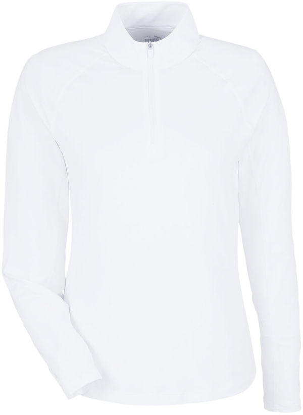 Am image of a Custom Puma Gold Ladies Quarter Zip in White Glow!