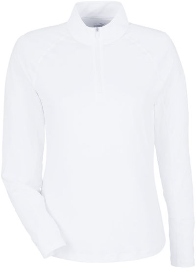 Am image of a Custom Puma Gold Ladies Quarter Zip in White Glow!