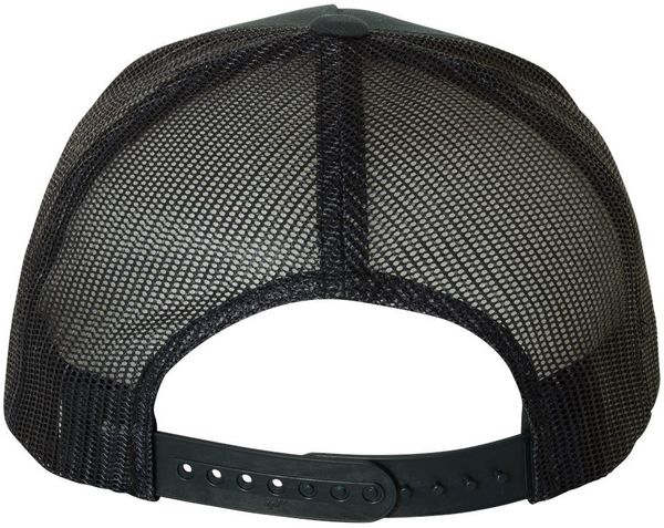 Am image of a Custom Yupoong Adult 5 Panel Retro Trucker Cap in Black!