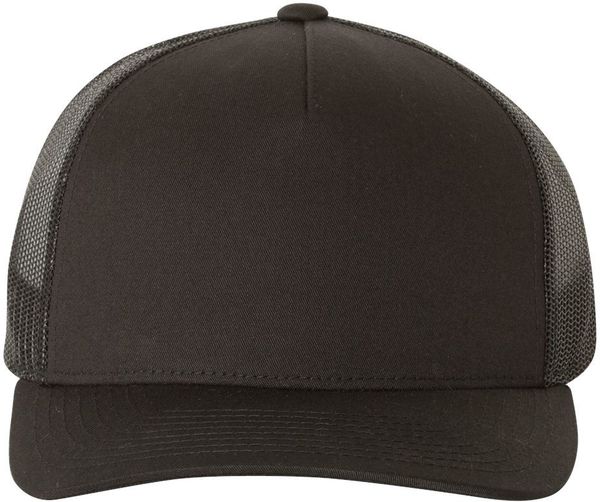 Am image of a Custom Yupoong Adult 5 Panel Retro Trucker Cap in Black!