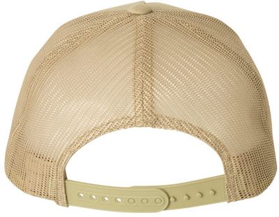 Am image of a Custom Yupoong Adult 5 Panel Retro Trucker Cap in Khaki!
