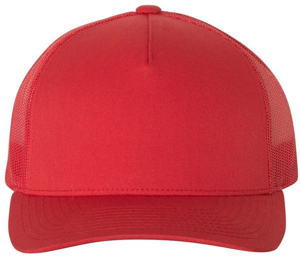 An image of a Custom Yupoong Adult 5 Panel Retro Trucker Cap in Red!