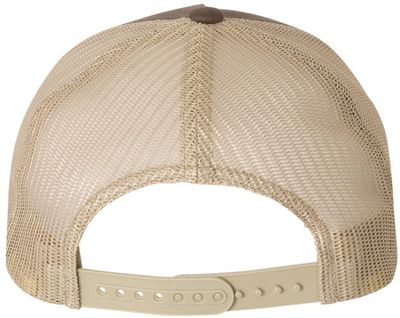 Am image of a Custom Yupoong Adult 5 Panel Retro Trucker Cap in Brown/Khaki!