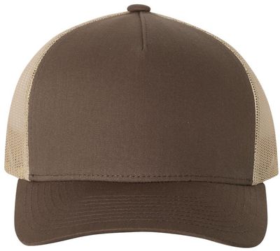 Am image of a Custom Yupoong Adult 5 Panel Retro Trucker Cap in Brown/Khaki!