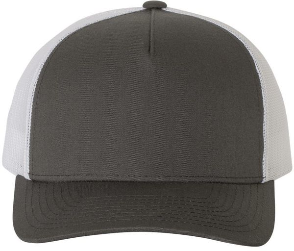 Am image of a Custom Yupoong Adult 5 Panel Retro Trucker Cap in Charcoal/White!