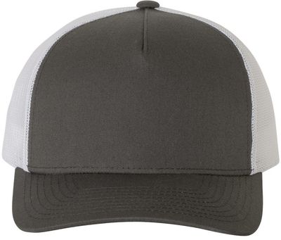 Am image of a Custom Yupoong Adult 5 Panel Retro Trucker Cap in Charcoal/White!