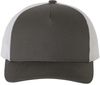 Am image of a Custom Yupoong Adult 5 Panel Retro Trucker Cap in Charcoal/White!