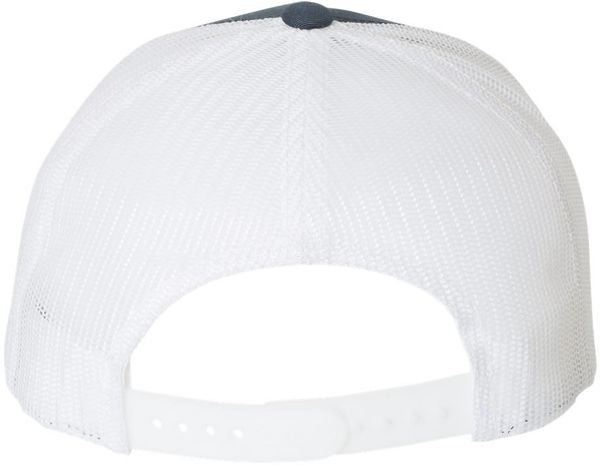 Am image of a Custom Yupoong Adult 5 Panel Retro Trucker Cap in Navy/White!