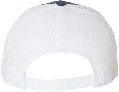 Am image of a Custom Yupoong Adult 5 Panel Retro Trucker Cap in Navy/White!