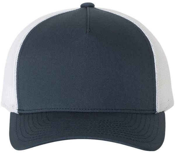 Am image of a Custom Yupoong Adult 5 Panel Retro Trucker Cap in Navy/White!