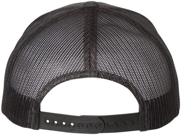 Am image of a Custom Yupoong Adult Retro Trucker Cap in Charcoal/Black!