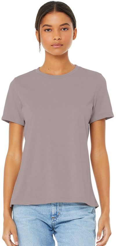 Am image of a Custom Bella and Canvas Ladies Relaxed Fit Heather CVC T Shirt in Heather Pink Gravel!