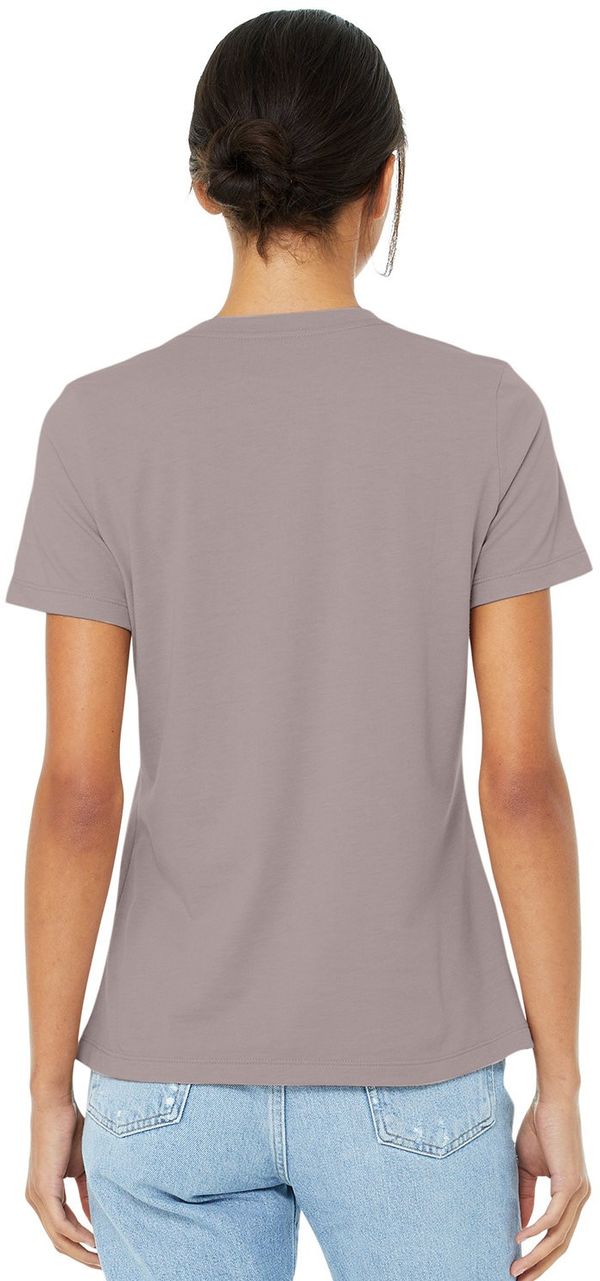 Am image of a Custom Bella and Canvas Ladies Relaxed Fit Heather CVC T Shirt in Heather Pink Gravel!