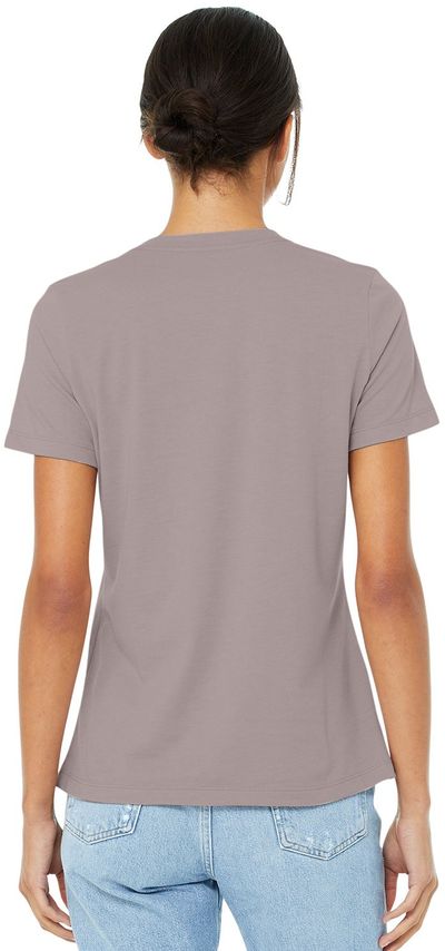 Am image of a Custom Bella and Canvas Ladies Relaxed Fit Heather CVC T Shirt in Heather Pink Gravel!