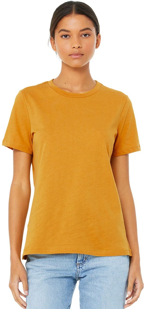Am image of a Custom Bella and Canvas Ladies Relaxed Fit Heather CVC T Shirt in Heather Mustard!