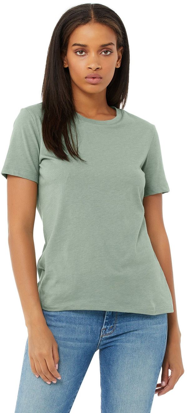 Am image of a Custom Bella and Canvas Ladies Relaxed Fit Heather CVC T Shirt in Heather Sage!