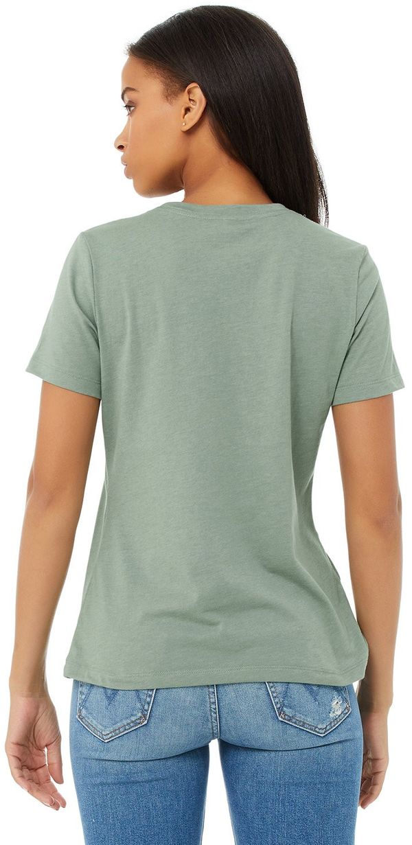Am image of a Custom Bella and Canvas Ladies Relaxed Fit Heather CVC T Shirt in Heather Sage!