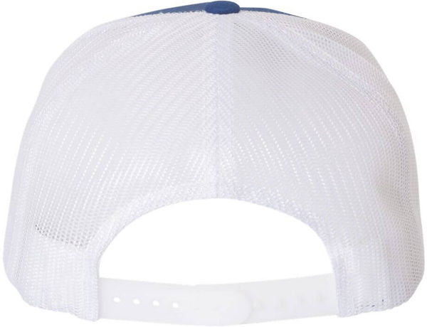 Am image of a Custom Yupoong Five Panel Classic Trucker Cap in Royal/White!