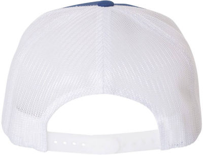 Am image of a Custom Yupoong Five Panel Classic Trucker Cap in Royal/White!