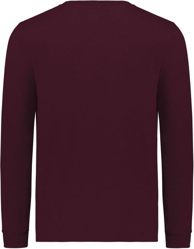 Am image of a Custom Russell Athletic Essential Long Sleeve Tee in Maroon!
