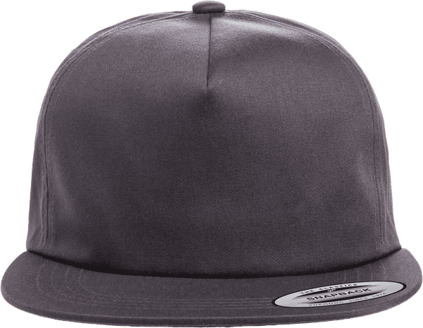 Am image of a Custom Yupoong Adult Unstructured 5 Panel Snapback Cap in Charcoal!