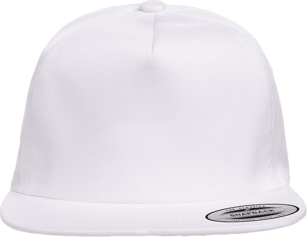 Am image of a Custom Yupoong Adult Unstructured 5 Panel Snapback Cap in White!