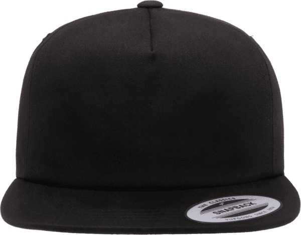 Am image of a Custom Yupoong Adult Unstructured 5 Panel Snapback Cap in Black!