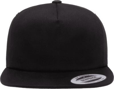 Am image of a Custom Yupoong Adult Unstructured 5 Panel Snapback Cap in Black!
