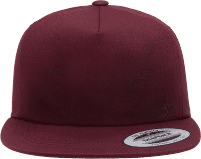 Am image of a Custom Yupoong Adult Unstructured 5 Panel Snapback Cap in Maroon!