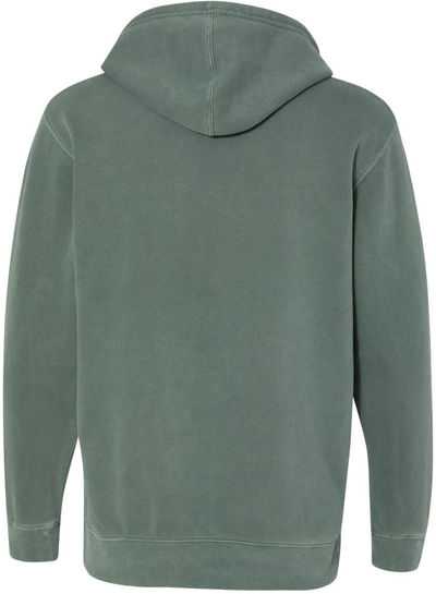 Am image of a Custom Independent Trading Co Pigment Dyed Hooded Sweatshirt in Pigment Alpine Green!