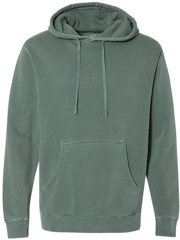 Am image of a Custom Independent Trading Co Pigment Dyed Hooded Sweatshirt in Pigment Alpine Green!