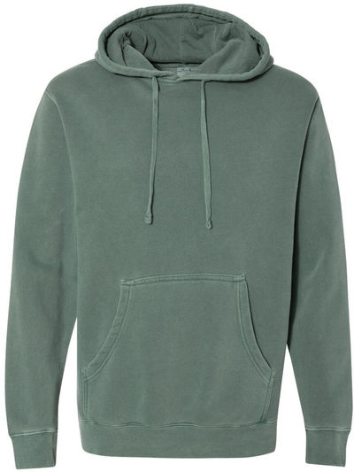Am image of a Custom Independent Trading Co Pigment Dyed Hooded Sweatshirt in Pigment Alpine Green!