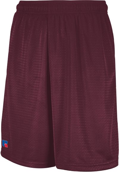 Am image of a Custom Russell Athletic Mesh Shorts With Pockets in Maroon!